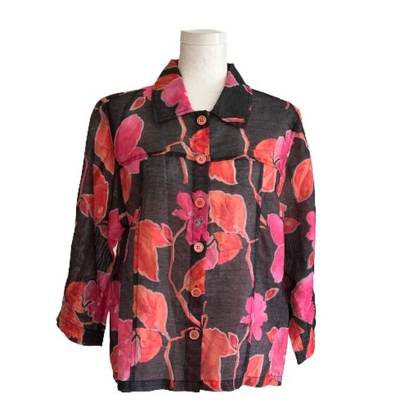 Toni Morgan Blouse Top Black Pink Orange Floral 3/4 Sleeve Button Front Large - Picture 11 of 11